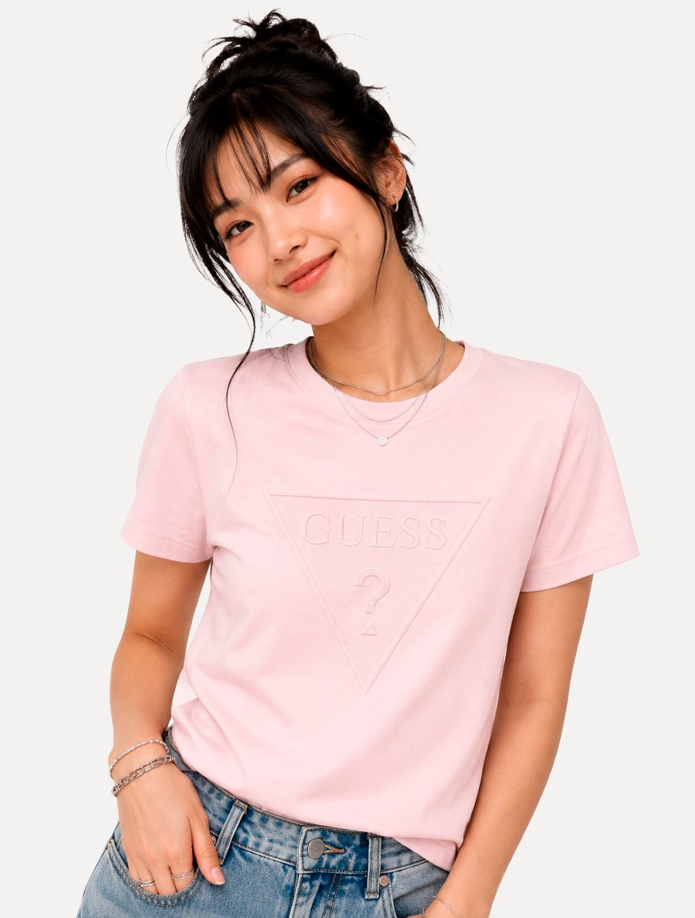 Camiseta Guess Feminina Bust Embroidery Logo Rosa Claro