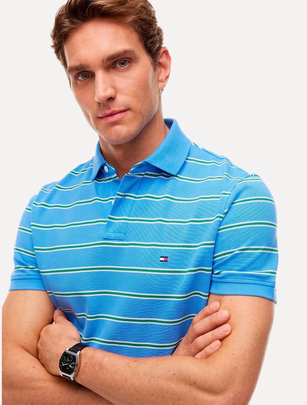 Camisa Polo Tommy Hilfiger Masculina Regular Piquet 1985 Striped Azul/Verde