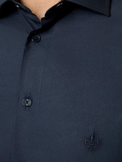 Camisa Dudalina Masculina Slim Superfine Cotton Mono Logo Lisa Tricoline Azul Marinho
