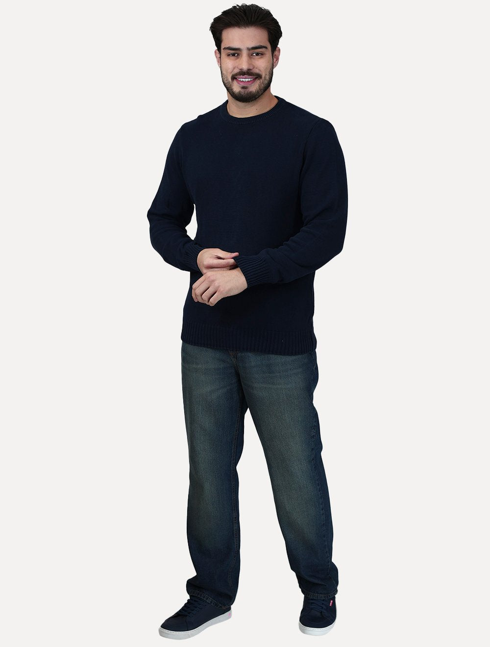 Suéter Dixen Masculino Tricot Gola Redonda Estonada Azul Marinho