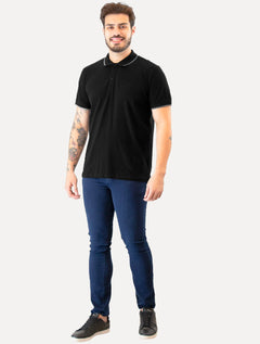 Polo Guess Masculina Piquet Dark Friso Bordado Preta