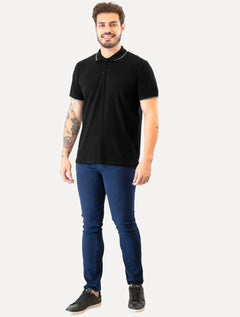 Polo Guess Masculina Piquet Dark Friso Bordado Preta