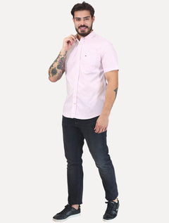 Camisa Tommy Hilfiger Masculina Manga Curta Regular Listrada Oxford Rosa Médio