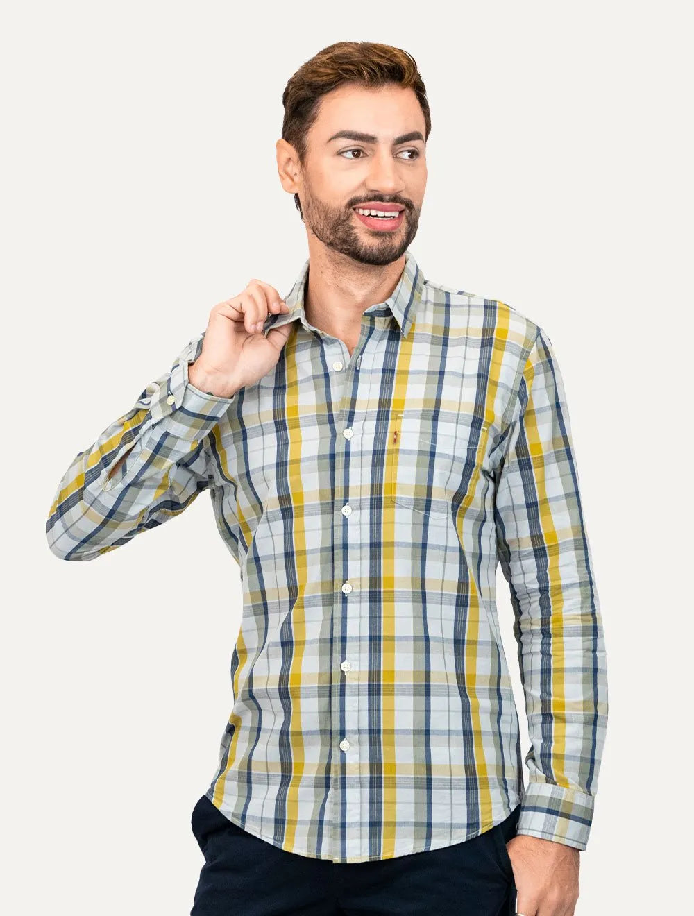 Camisa Levis Masculina Sunset One Pocket Rider Plaid Xadrez Amarelo/Azul
