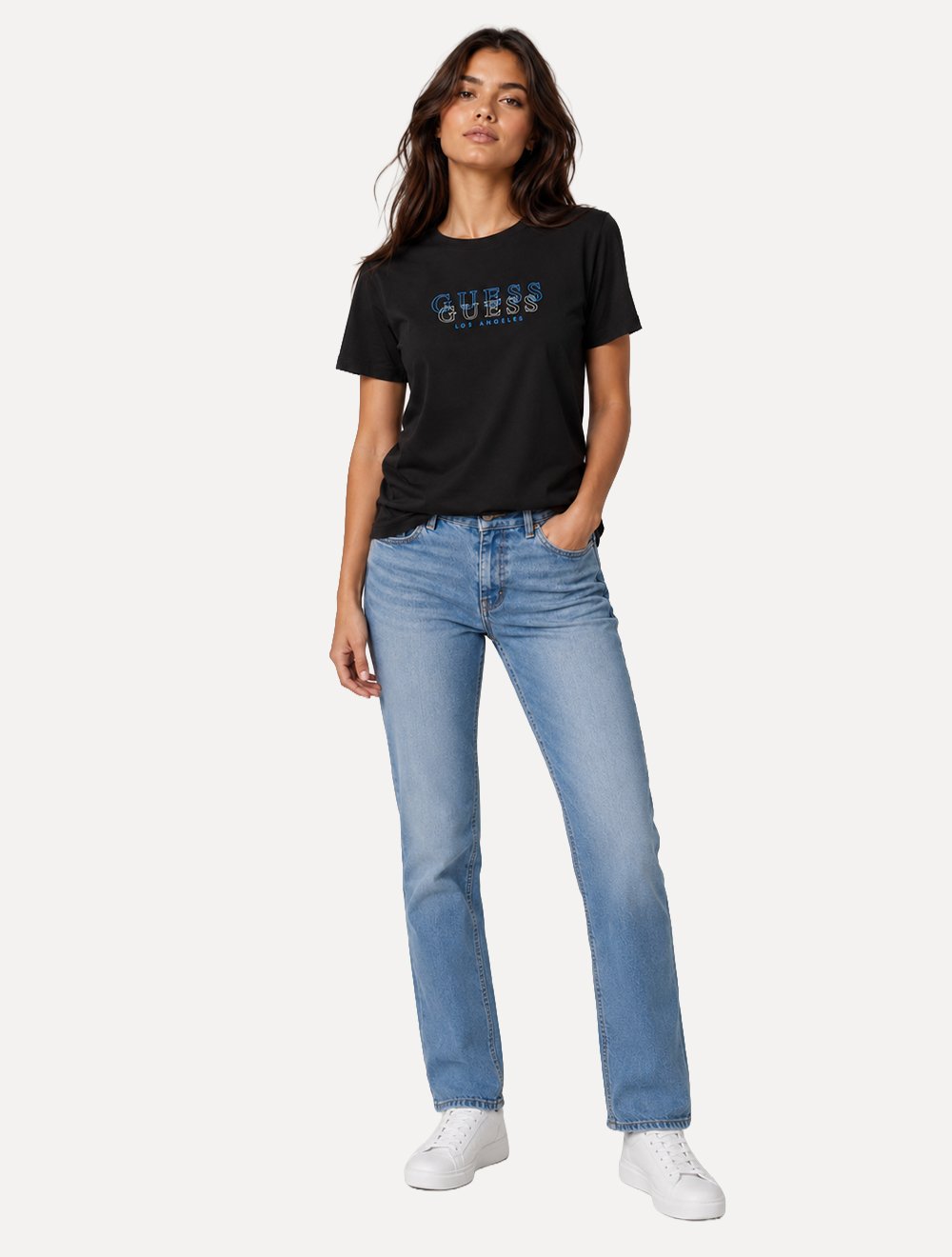 Camiseta Guess Feminina Los Angeles Double Outline Logo Preta