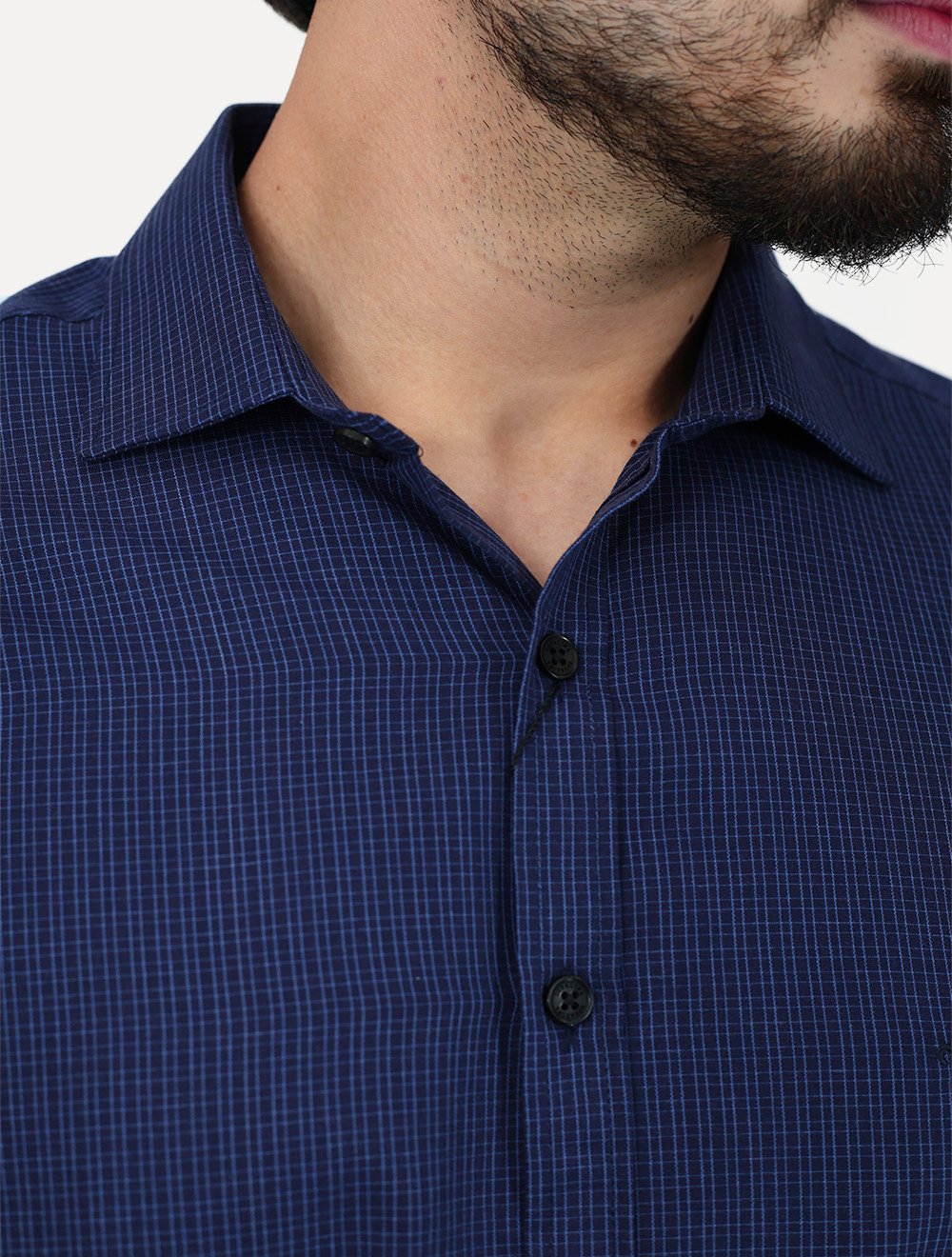 Camisa Dudalina Masculina Slim Superfine Cotton Xadrez Grid Azul Marinho