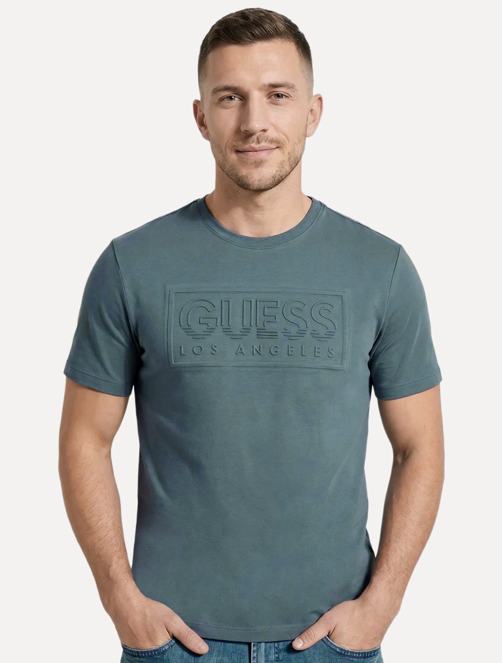 Camiseta Guess Masculina Los Angeles Embossed Logo Azul Petróleo