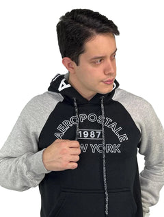 Moletom Aeropostale Masculino Hoodie Raglan Arc Lettering Mescla/Preto