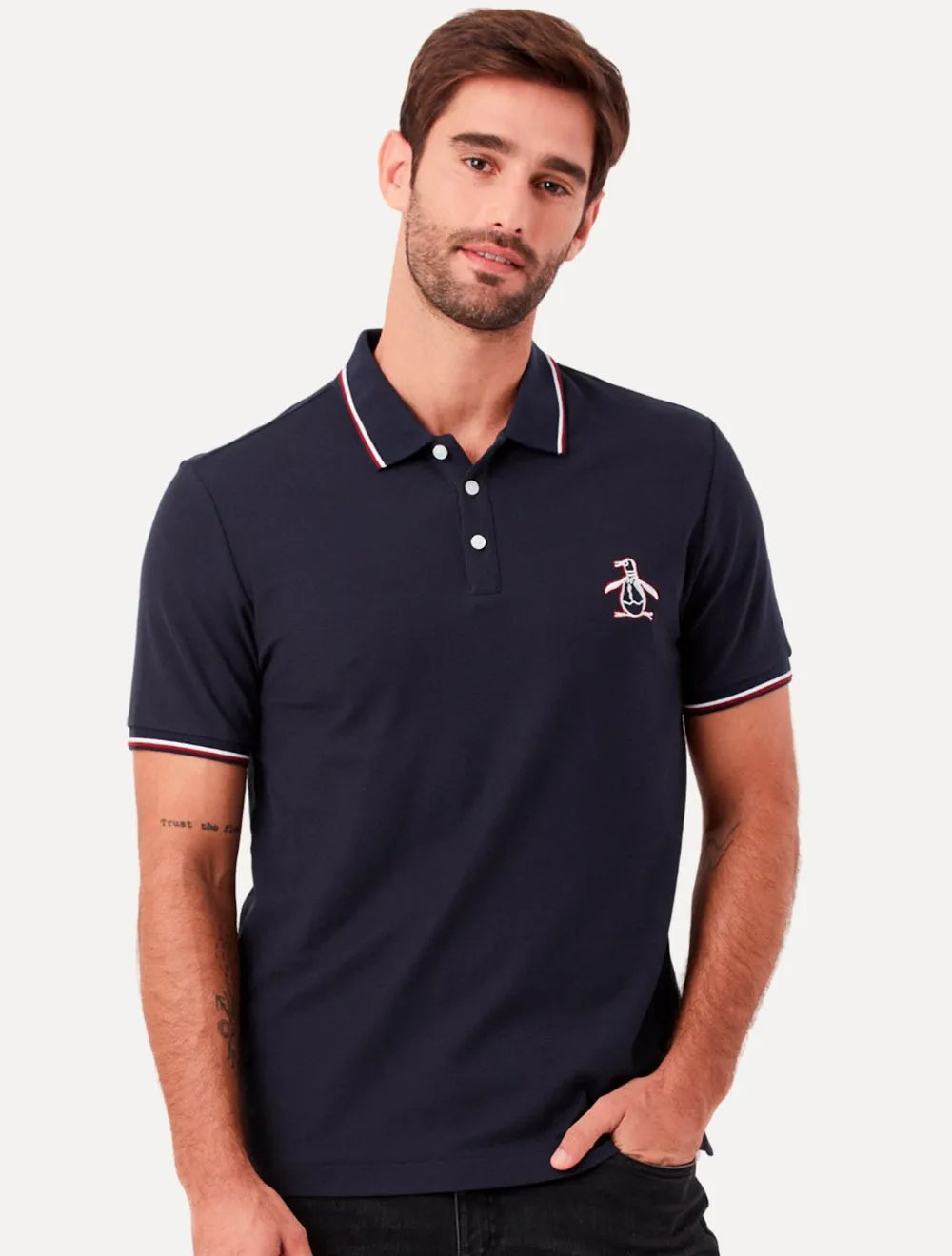 Polo Original Penguin Masculina Piquet Lisa Friso Mega Patch Azul Marinho
