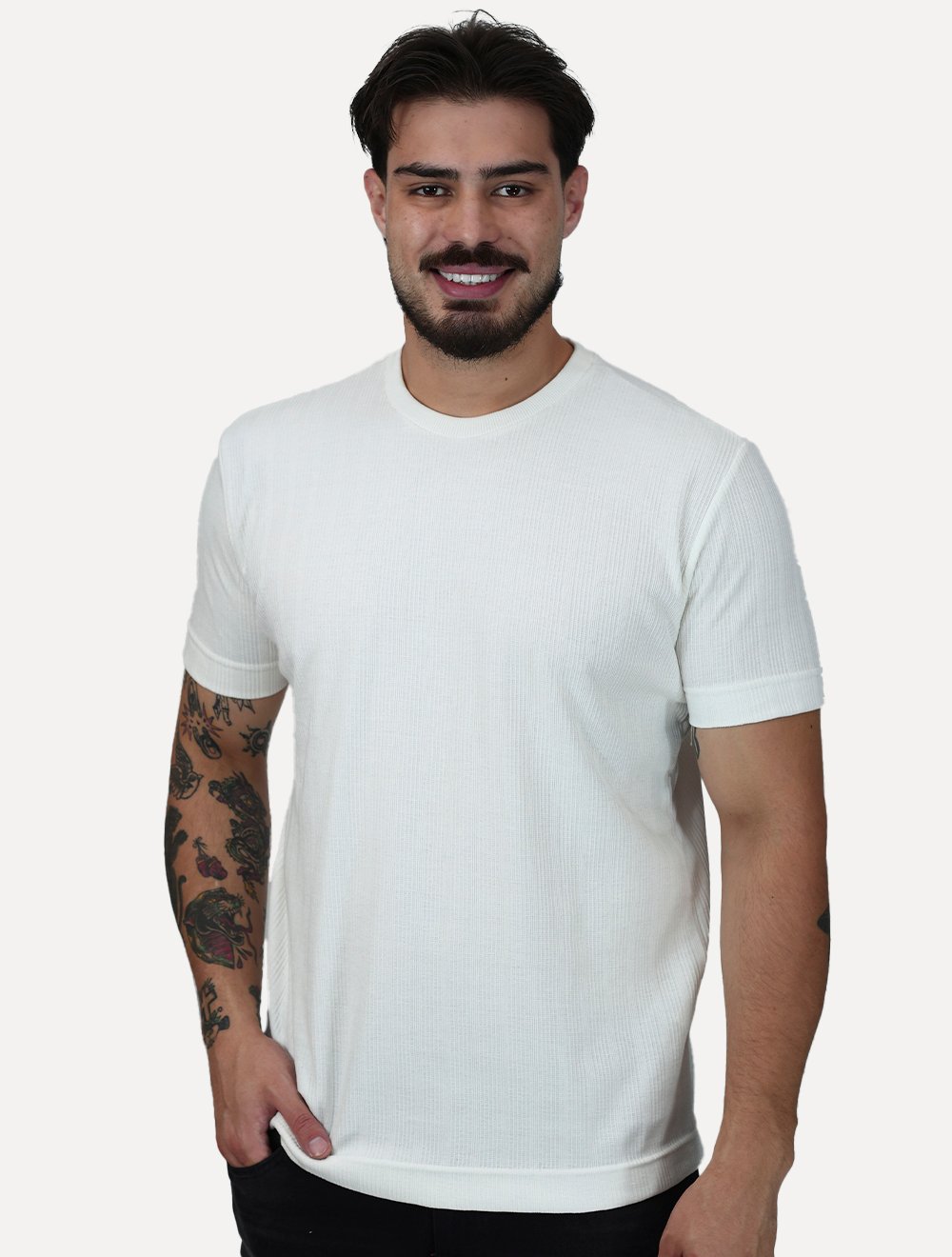 Camiseta King & Joe Masculina Slim Malha Tricot Off White