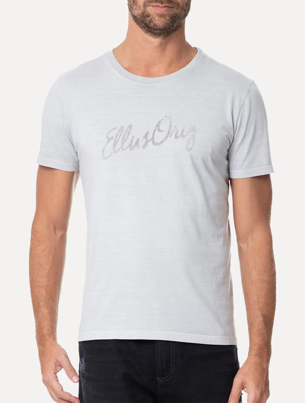 Camiseta Ellus Masculina Cotton Washed Origin. Script Cinza