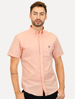Camisa Ralph Lauren Masculina Manga Curta Oxford Navy Logo Salmão Mescla