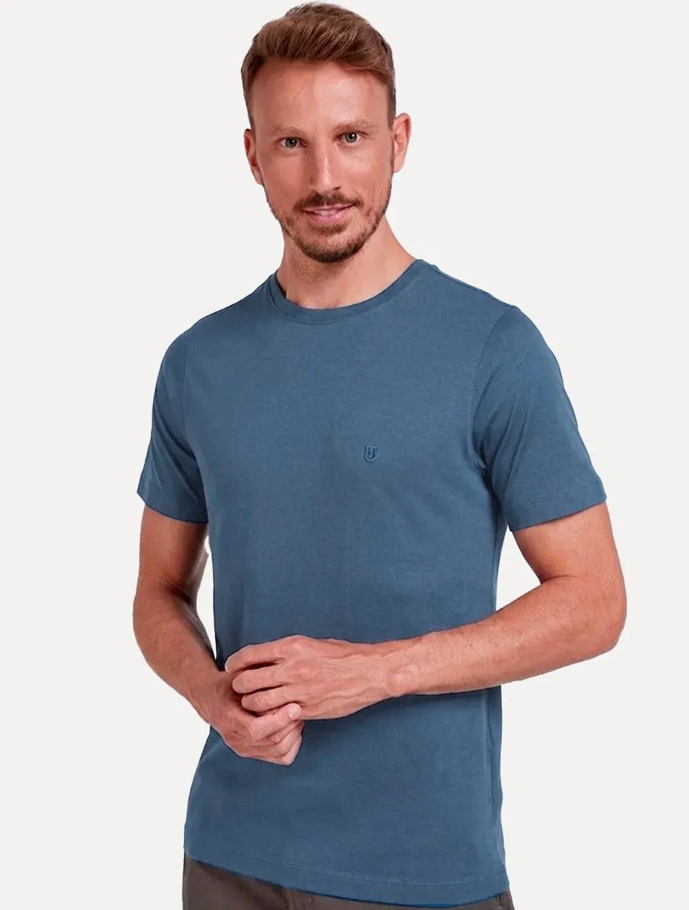 Camiseta Individual Masculina Comfort Pima Soft Touch Logo Azul Médio