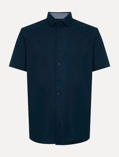 Camisa Dudalina Masculina Manga Curta Slim Superfine Cotton Tricoline Lisa Azul Marinho
