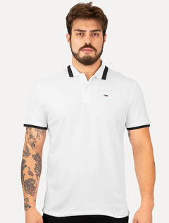 Polo Tommy Jeans Masculina Piquet Regular Placket Friso Branca