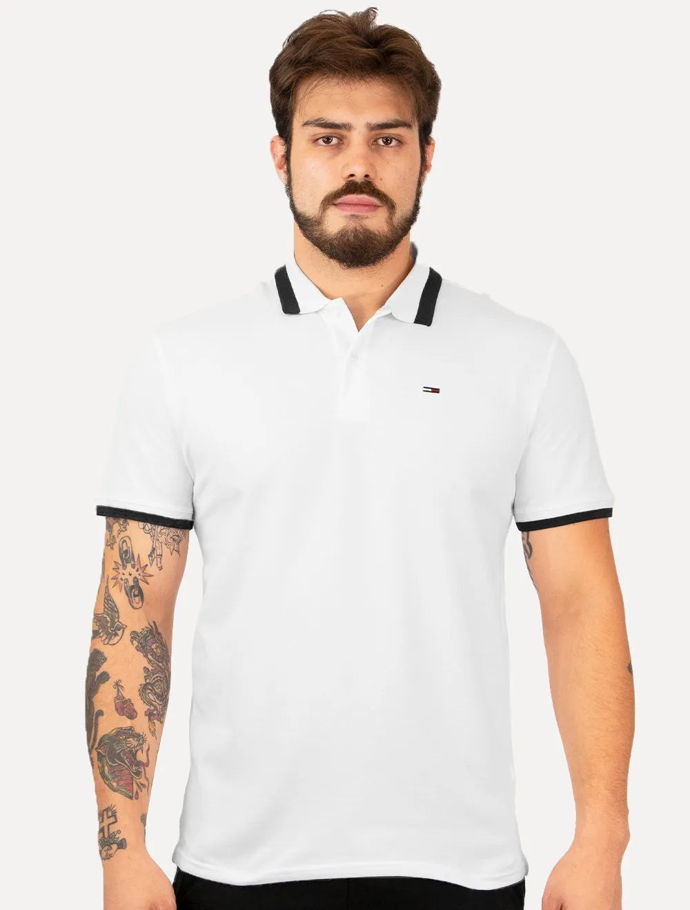 Polo Tommy Jeans Masculina Piquet Regular Placket Friso Branca