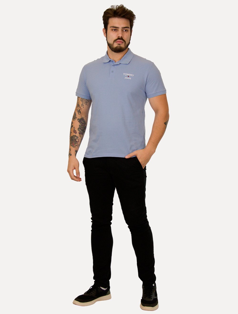 Polo Tommy Jeans Masculina Regular Corp Chest Azul Claro