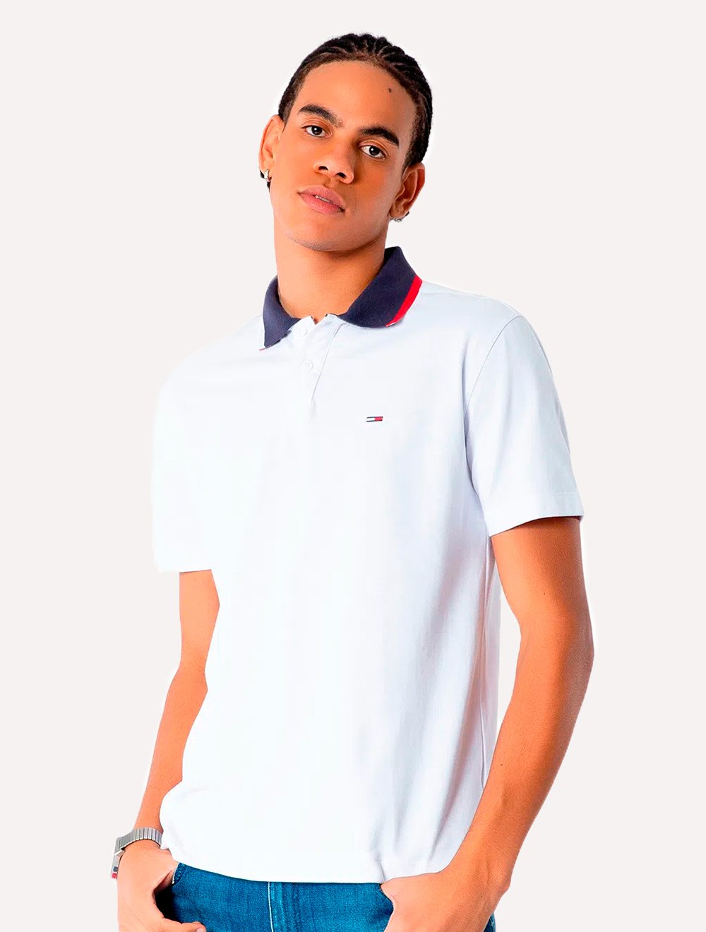 Kit Polos Tommy Jeans | Regular Flag Neck e Tipped Stretch Preta/Branca/Azul Marinho
