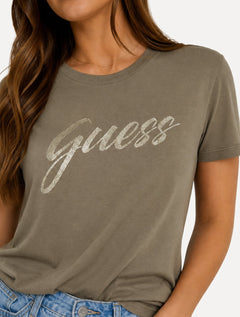 Camiseta Guess Feminina Signature Bright Logo Marrom Claro