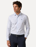 Camisa Dudalina Masculina Comfort Superfine Cotton Listrada Mono Logo Azul Médio