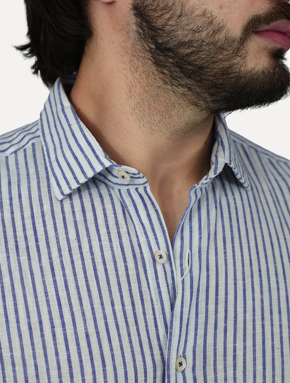 Camisa Dudalina Masculina Slim Fit Linen Blend Listras Branca