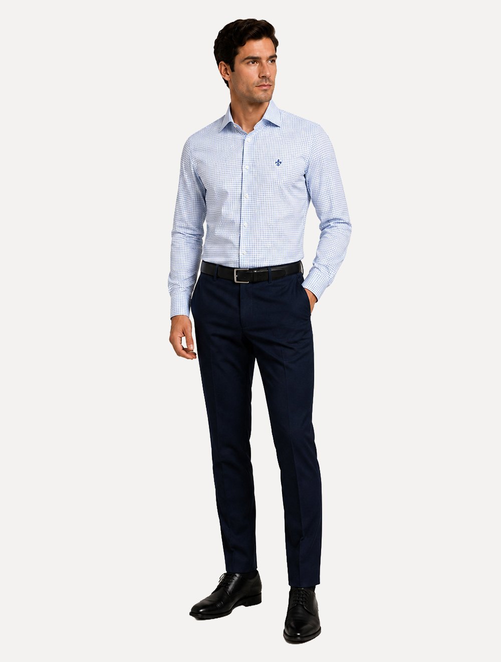 Camisa Dudalina Masculina Comfort Superfine Cotton Xadrez Mono Logo Azul Médio