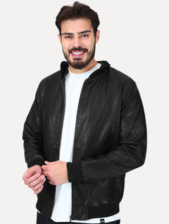 Jaqueta Dixen PU Bomber Capuz Zíper Frontal Preto