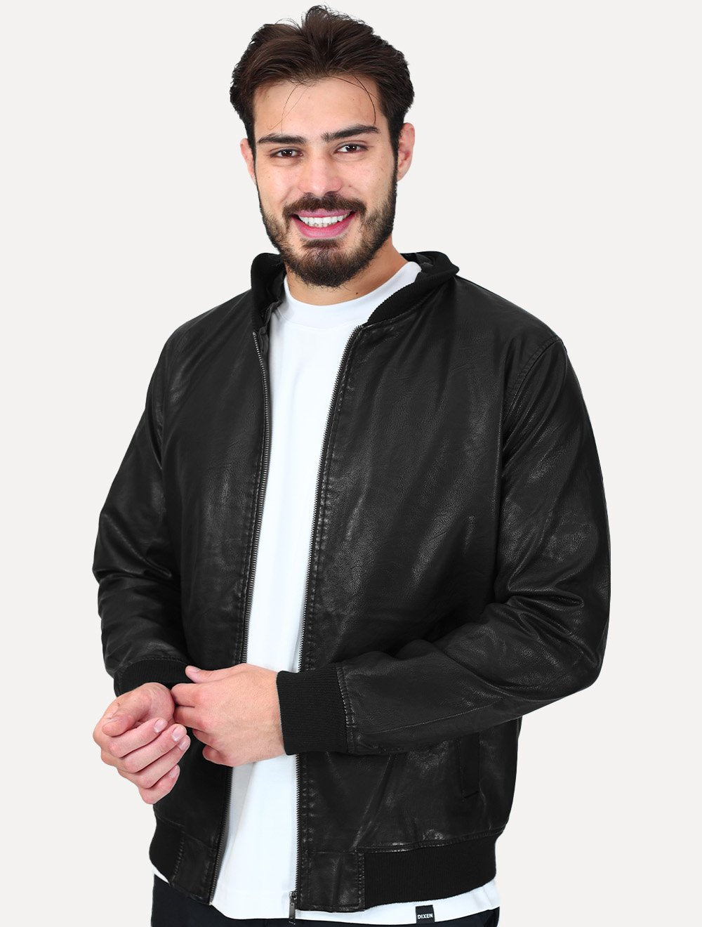 Jaqueta Dixen PU Bomber Capuz Zíper Frontal Preto