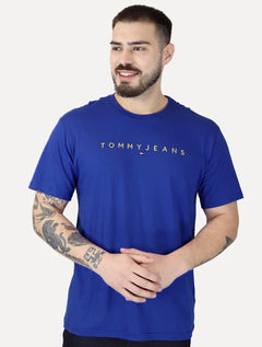 Camiseta Tommy Jeans Masculina Core Linear Gold Logo Azul Royal