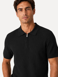 Polo Dixen Masculina Tricot Texturizada Manga Curta Ziper Preta