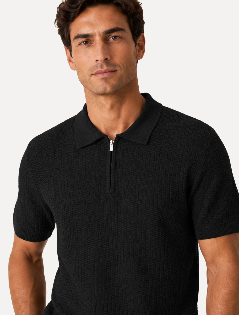 Polo Dixen Masculina Tricot Texturizada Manga Curta Ziper Preta