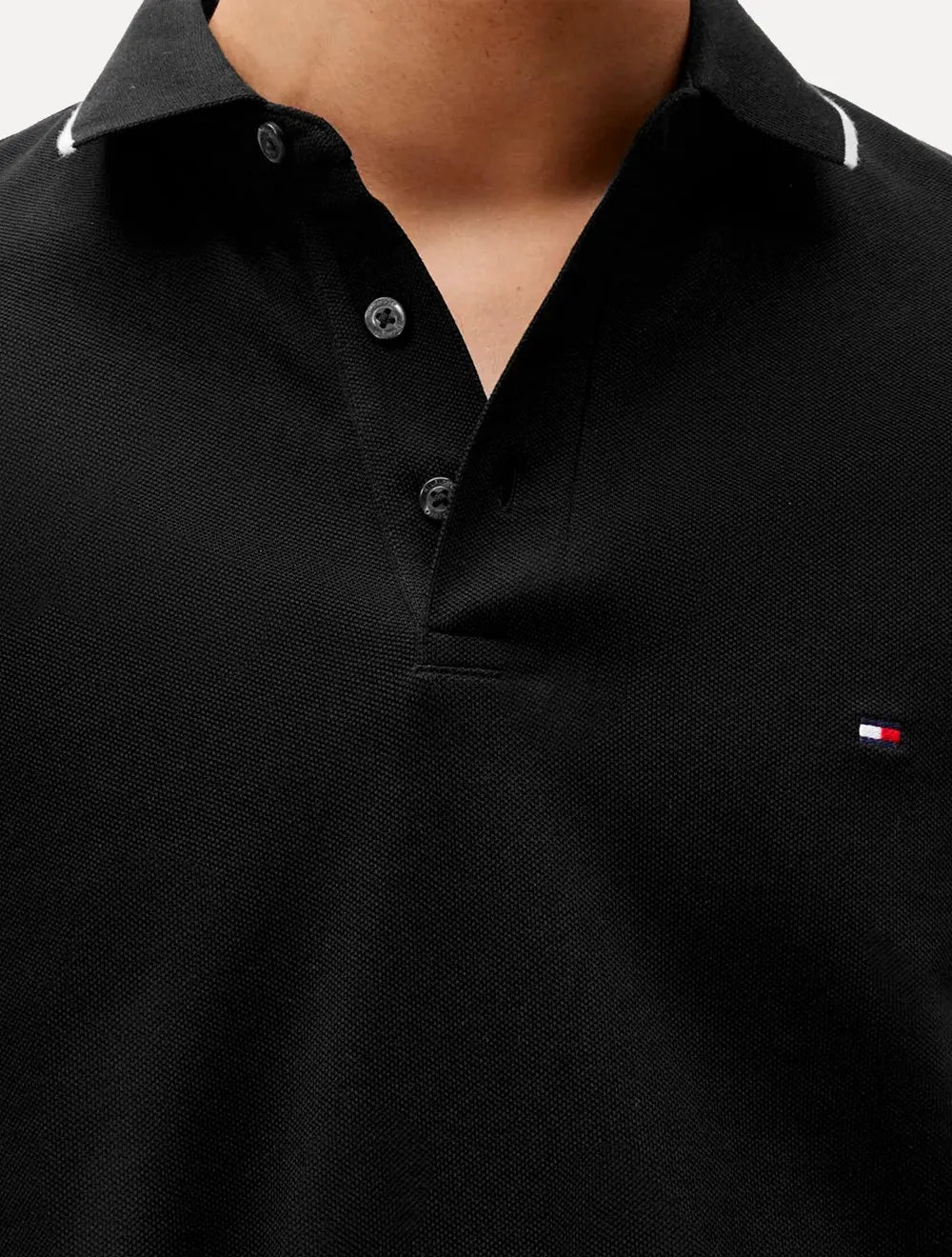 Polo Tommy Hilfiger Masculina Slim Piquet Flag Cuff Preto