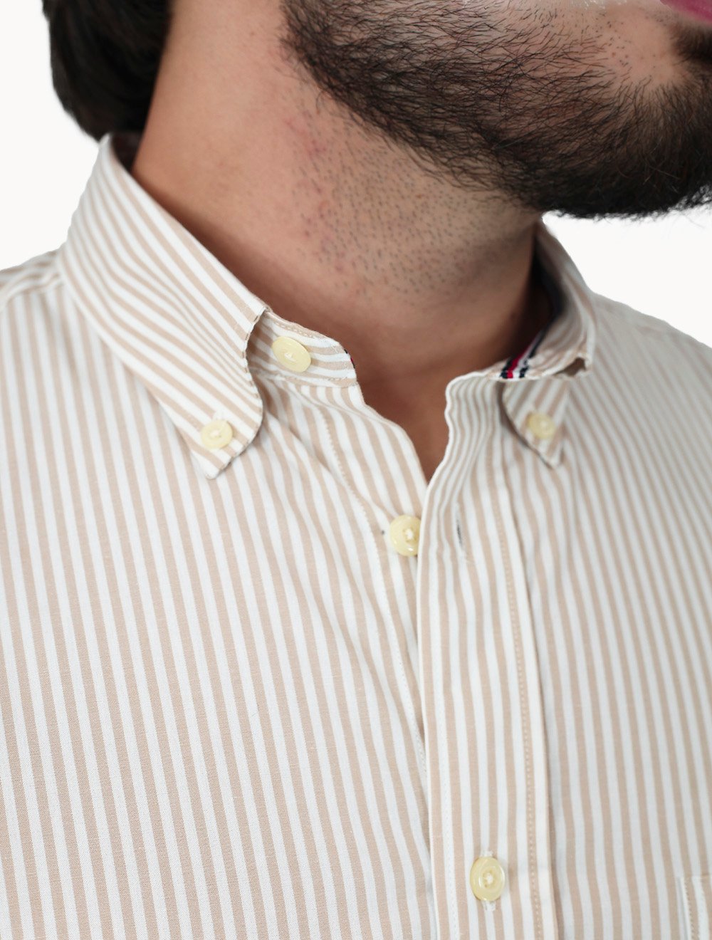 Camisa Tommy Hilfiger Masculina Manga Curta Regular Listrada Oxford Cáqui
