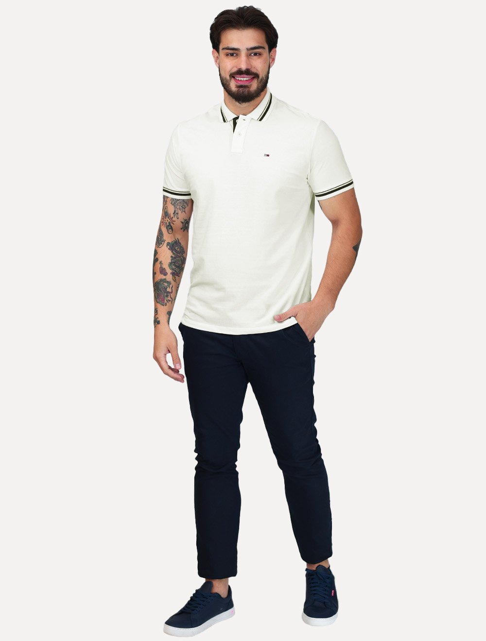 Polo Tommy Jeans Masculina Piquet Regular Tipped Off White