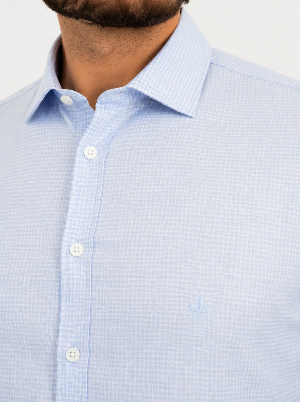 Camisa Dudalina Masculina Superfine Tricoline Quadriculado Mono Logo Milano Azul Claro