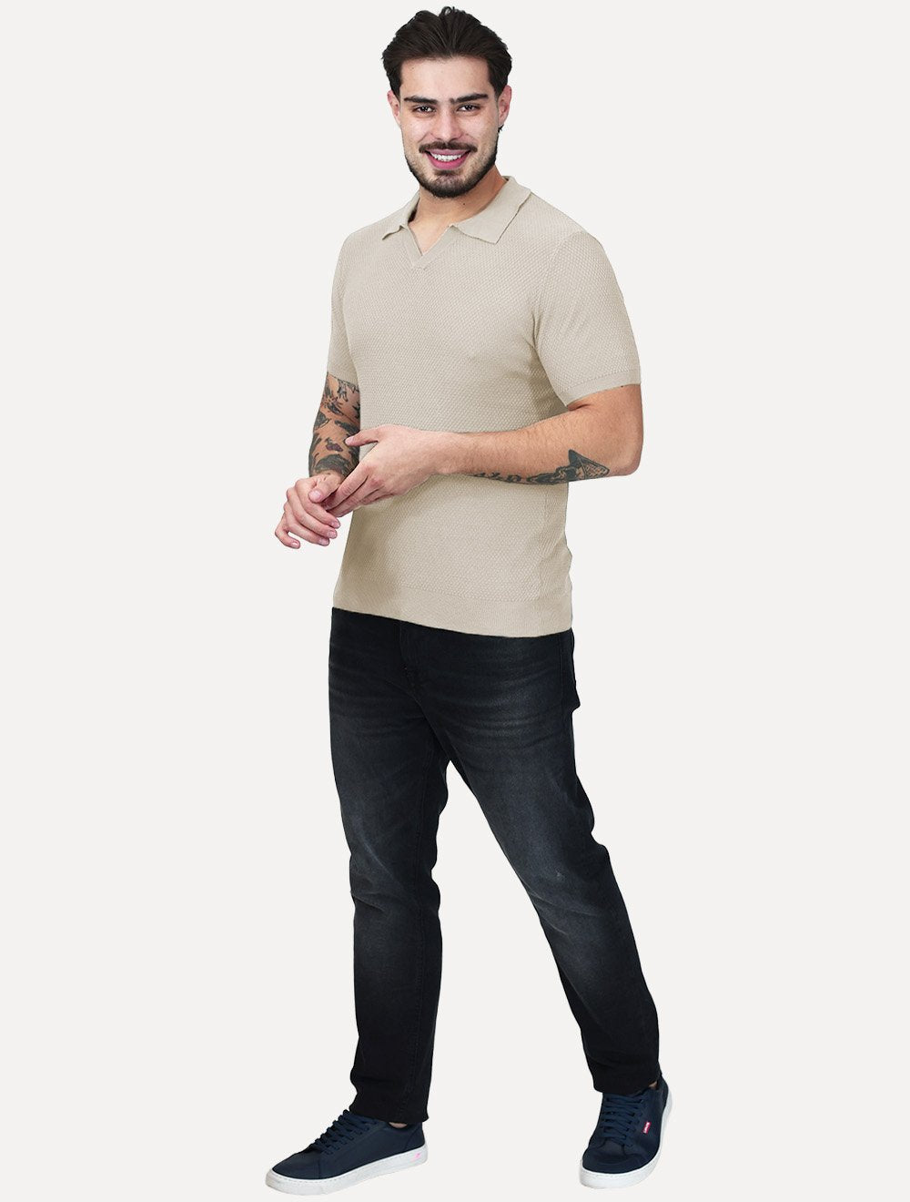 Polo Dixen Masculina Tricot Manga Curta Areia