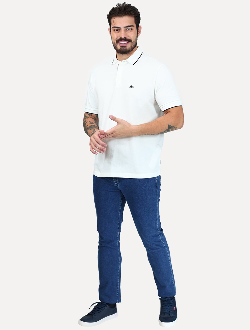 Polo Armani Exchange Masculina Regular Fit Dark Logo Icon AX Off White