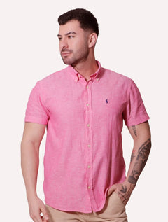Camisa Ralph Lauren Masculina Manga Curta Linho Navy Icon Rosa Mescla