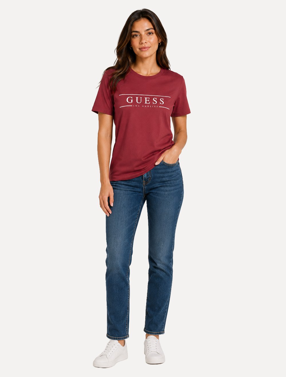 Camiseta Guess Feminina Los Angeles White Line Logo Vermelha