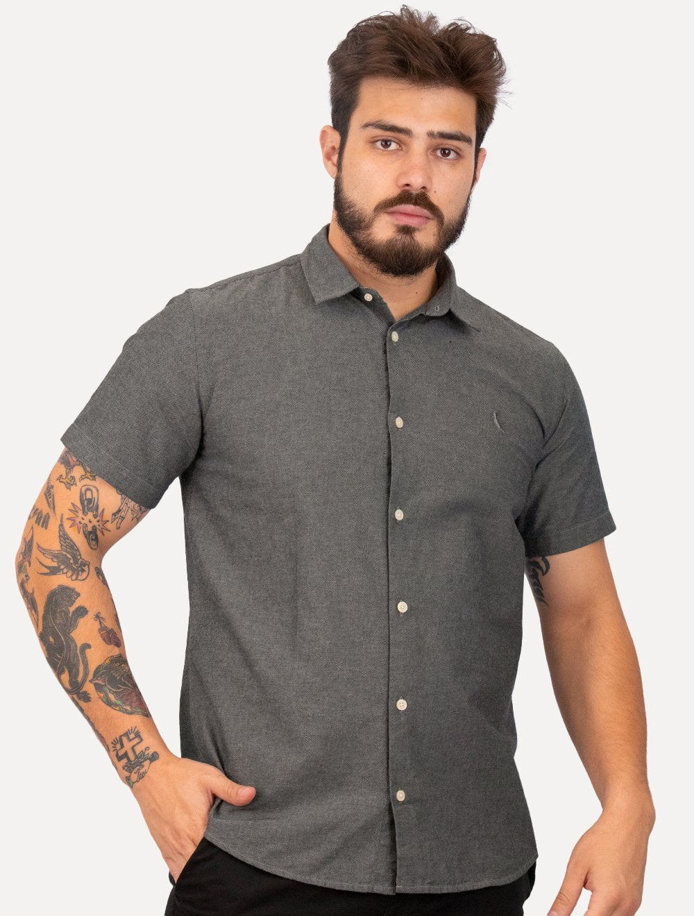 Camisa Reserva Masculina Manga Curta Oxford Color Preto Mescla