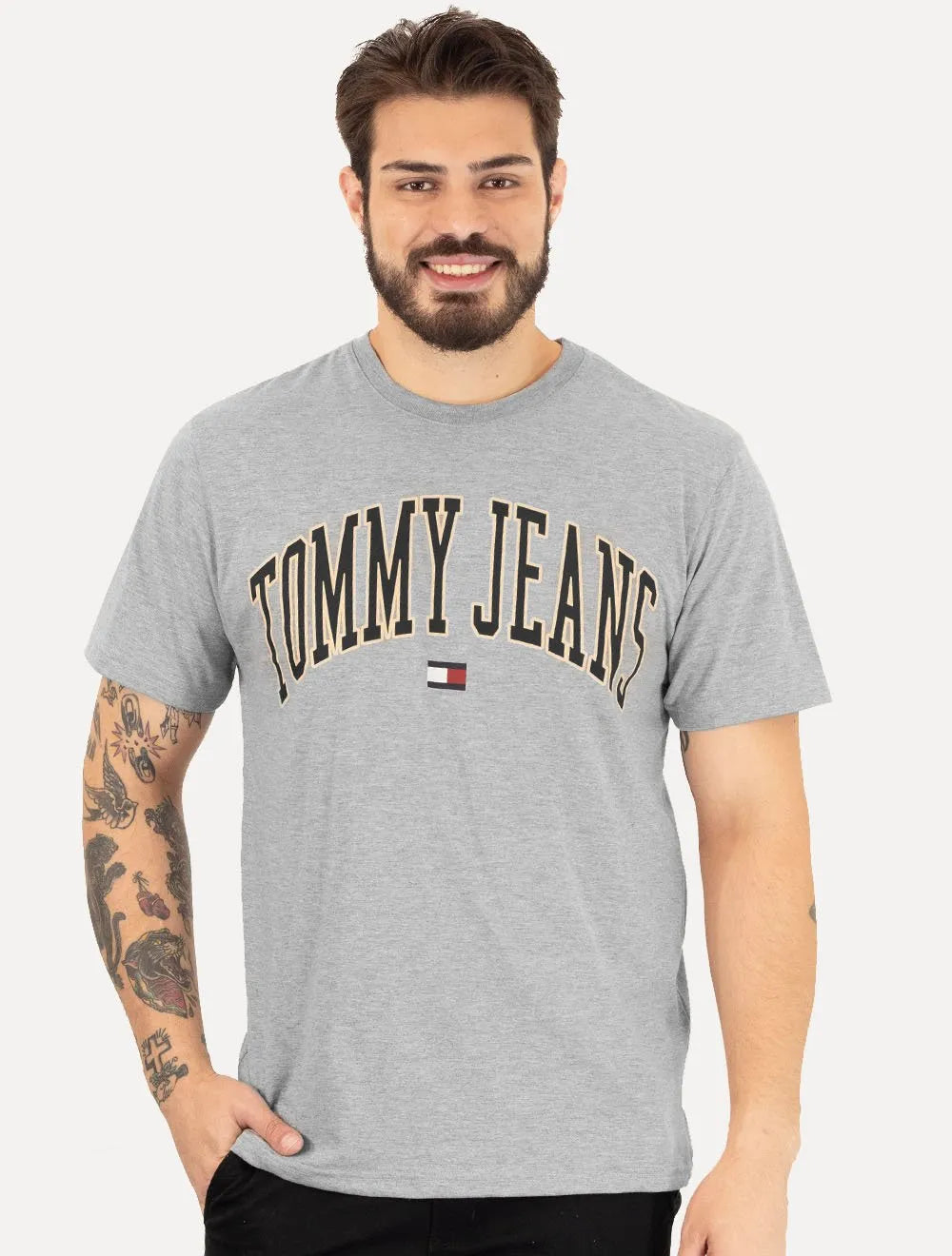 Camiseta Tommy Jeans Masculina Regular Classic Gold Arch Cinza Mescla