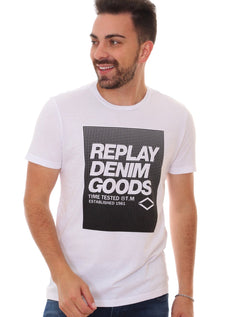Camiseta Replay Masculina Denim Goods Block Dots Branca