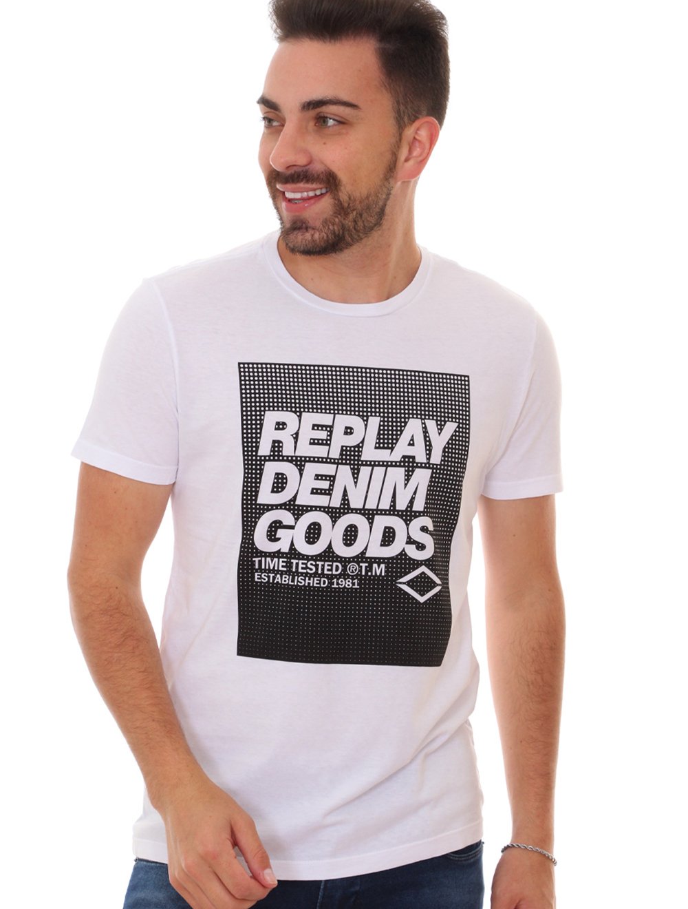 Camiseta Replay Masculina Denim Goods Block Dots Branca