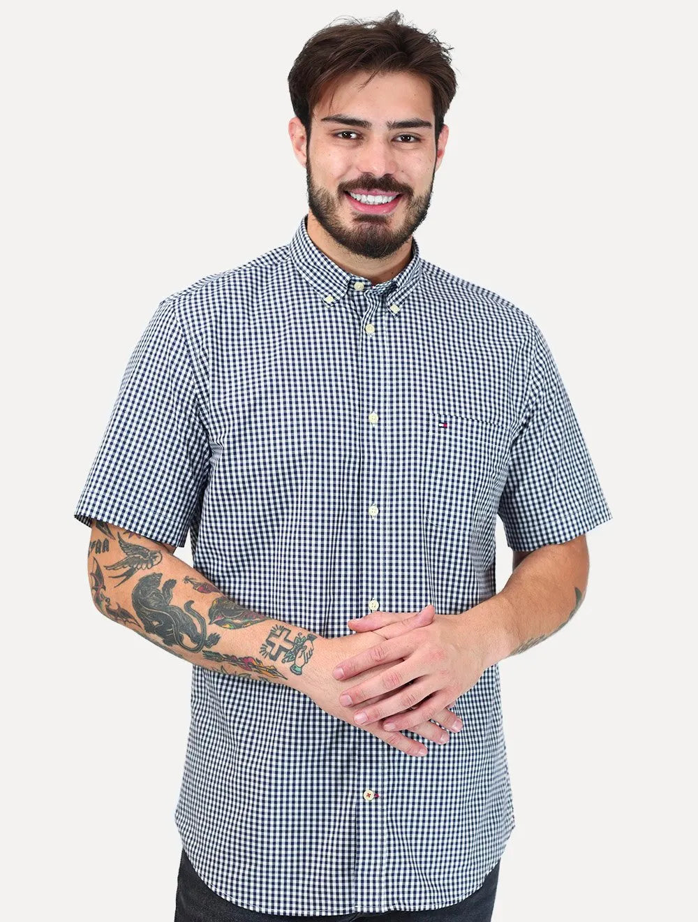 Camisa Tommy Hilfiger Masculina Manga Curta Pocket Gingham Preta