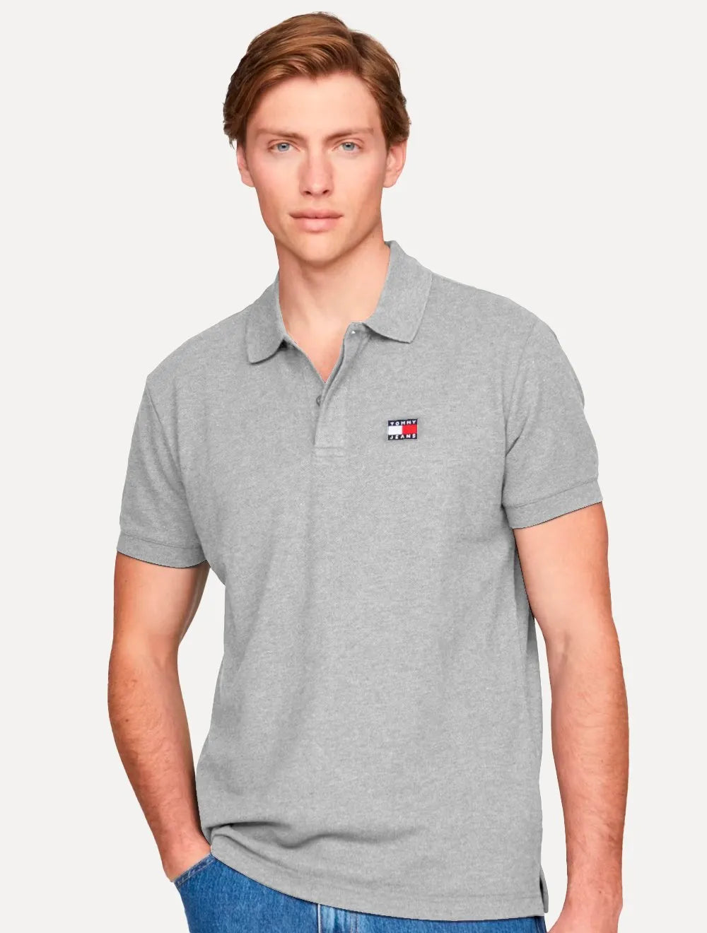 Polo Tommy Jeans Masculina Regular Heather XS Badge Cinza Mescla