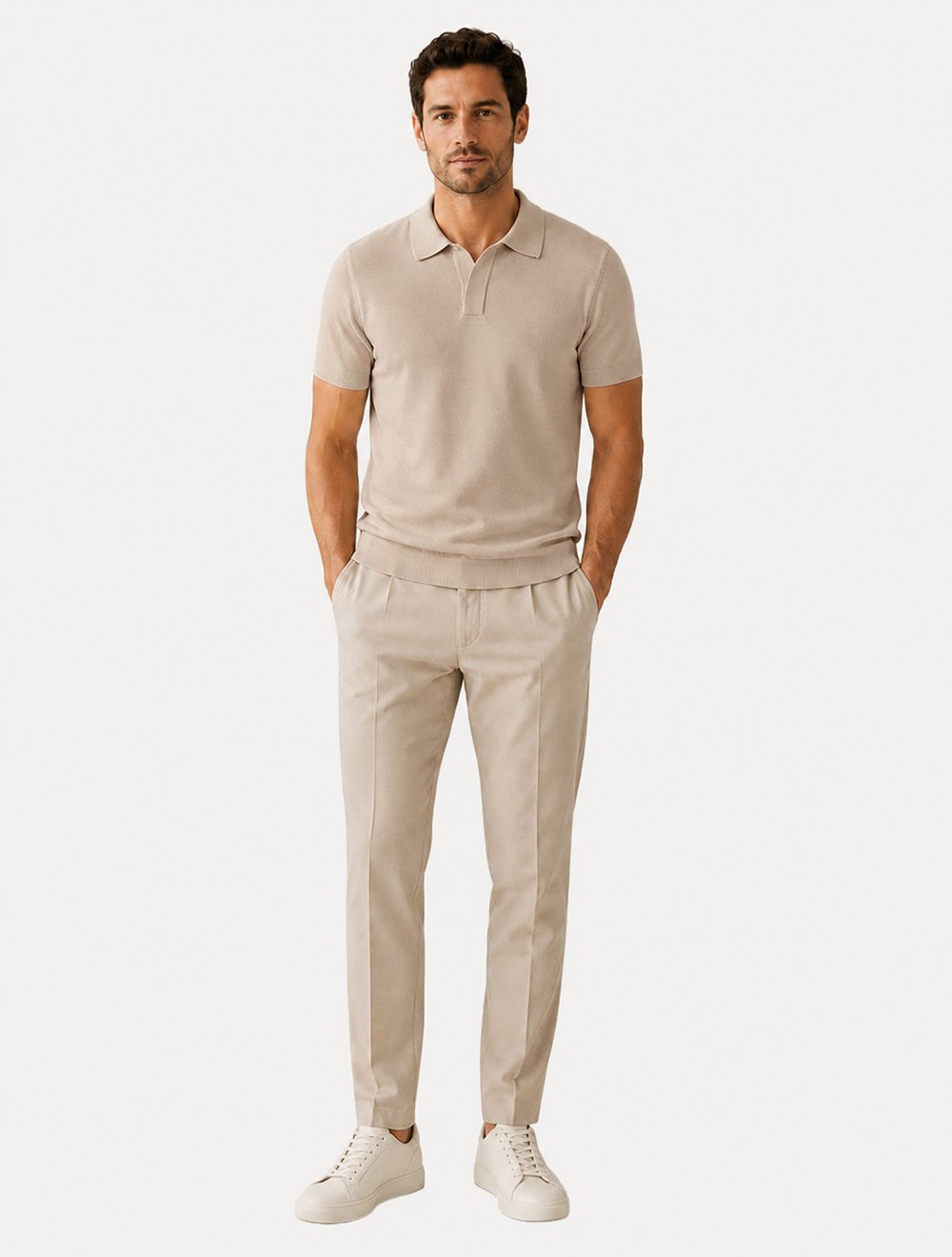Polo Dixen Masculina Tricot Viscose Texturizada Manga Curta Cáqui Médio