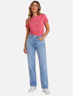 Camiseta Guess Feminina Bust Embroidery Logo Rosa