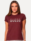 Camiseta Guess Feminina Bold Half Stripes Logo Vermelho Escuro