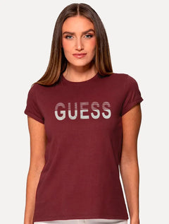 Camiseta Guess Feminina Bold Half Stripes Logo Vermelho Escuro