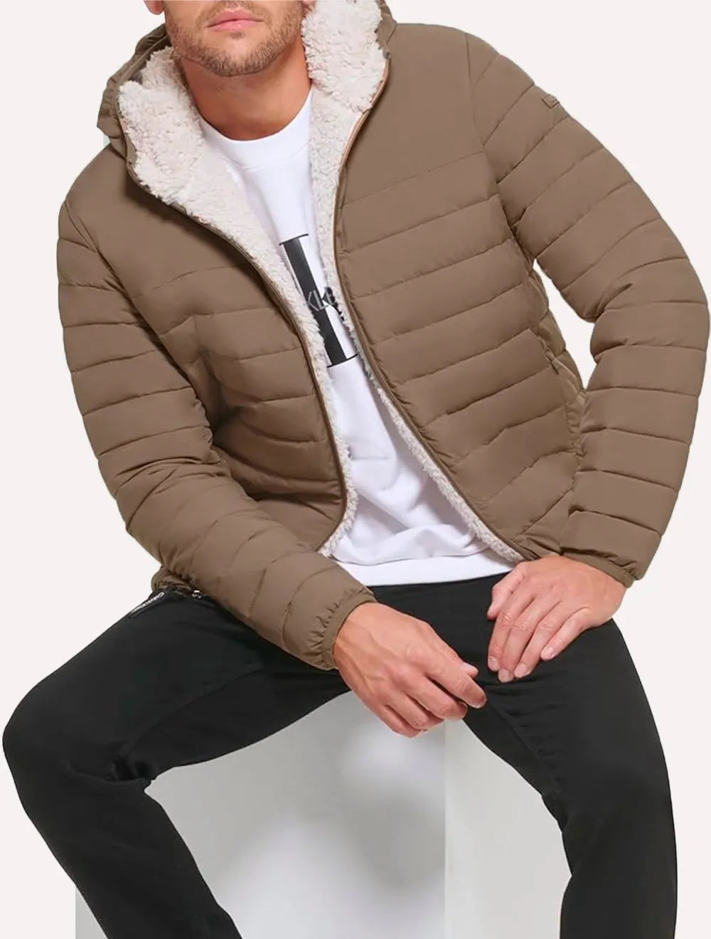 Jaqueta Calvin Klein Masculina Hoodie Matelassê Sherpa Cáqui